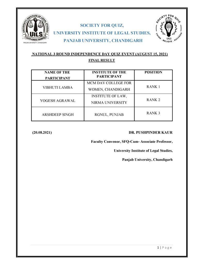 Society For Quiz University Institute Of Legal Studies Panjab University, Chandigarh - The Law Communicants