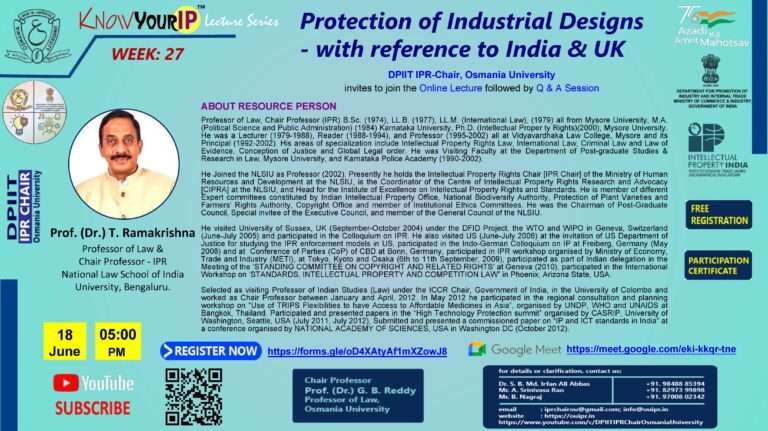 Know Your IP Week-27 Online Lecture/Webinar on the topic Protection of Industrial Designs – with reference to India & UK - The Law Communicants