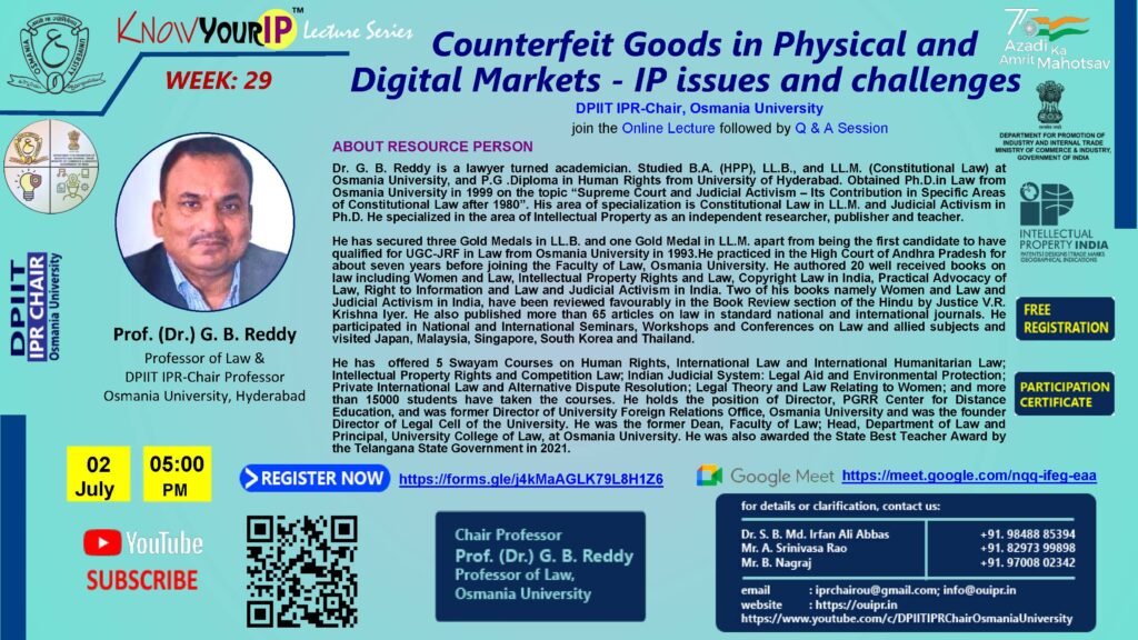 Know Your IP Week-29 Online Lecture/Webinar on the topic: Counterfeiting and Piracy – IP issues and challenges - The Law Communicants