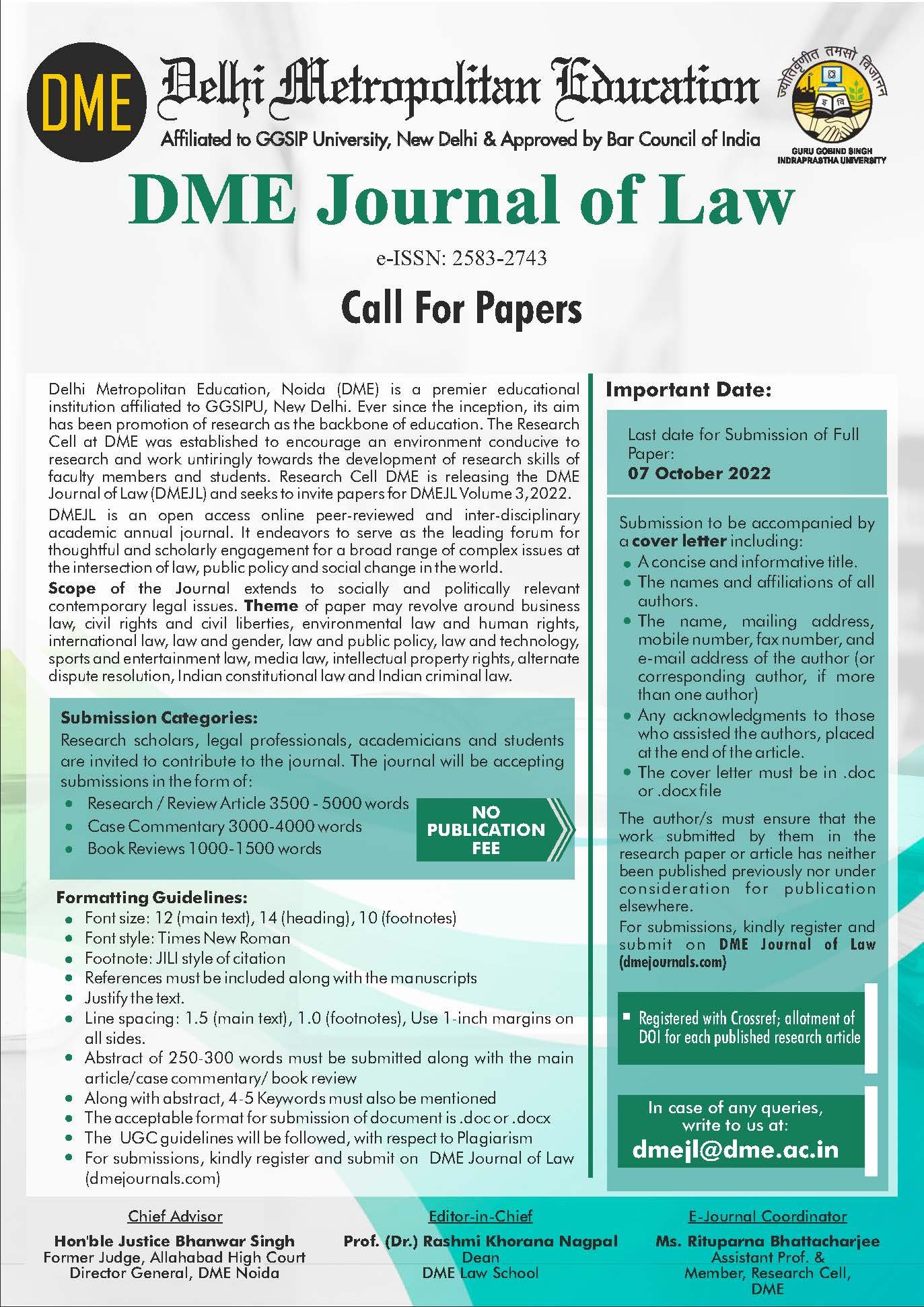 DME Journal of Law: Call for Papers | The Law Communicants